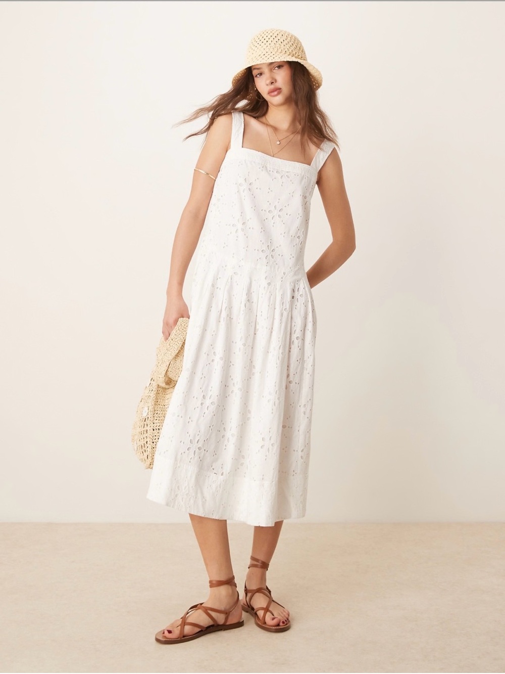 Free People Primavera Cotton White Eyelet Square-Neck Midi Dress